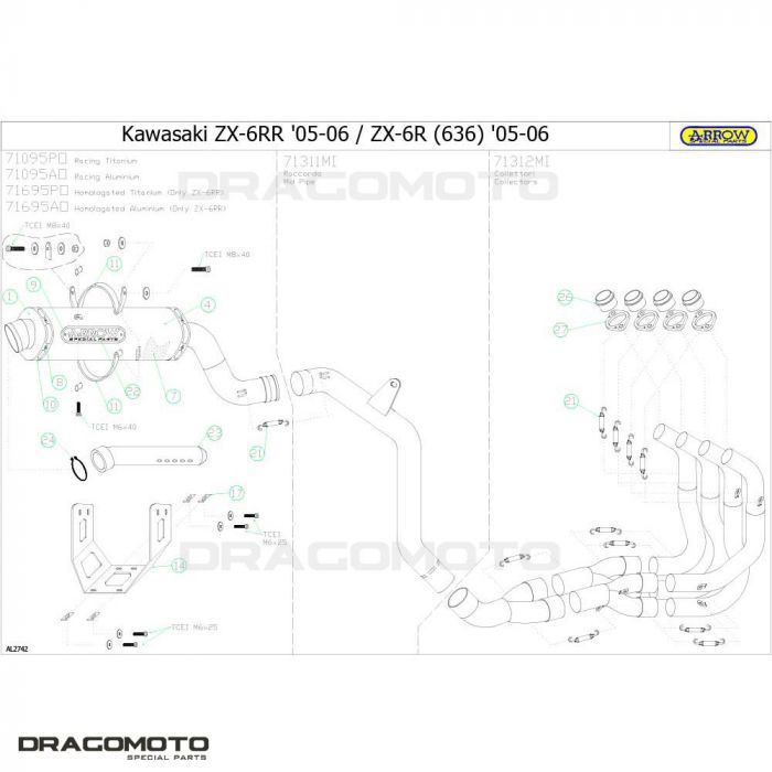 Scarico ARROW KAWASAKI ZX-6 R 636 2005-2006 MAXI RACE-TECH Grigio Titanio  71695PO